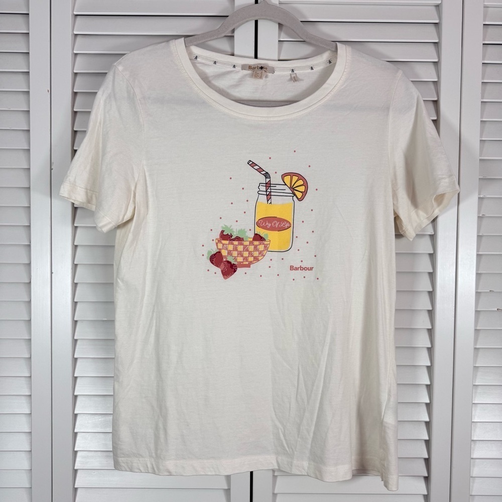 Barbour Saltwater Tee Short Sleeves Cotton Top Cream Graphic Size 6